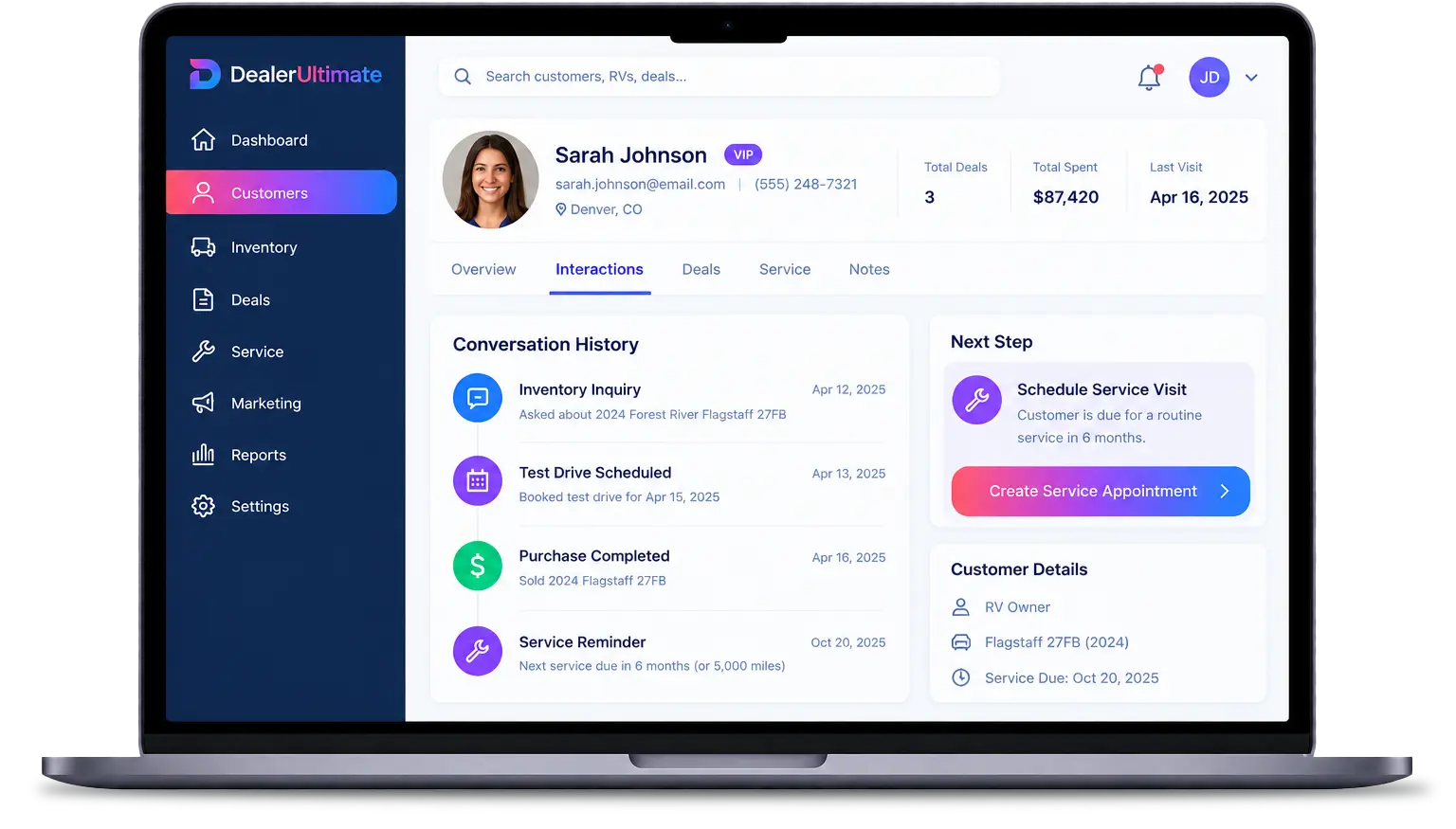 Dealer Ultimate CRM unified inbox with a live SMS conversation